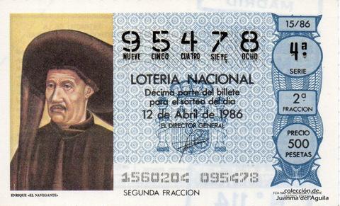Décimo de Lotería Nacional de 1986 Sorteo 15 - ENRIQUE «EL NAVEGANTE»