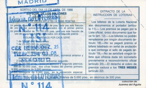 Reverso décimo de Lotería 1986 / 15