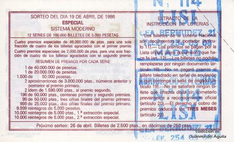 Reverso del décimo de Lotería Nacional de 1986 Sorteo 16