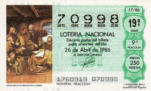 Décimo de Lotería Nacional de 1986 Sorteo 17 - COLON EXPLICA SU PROYECTO EN LA RABIDA