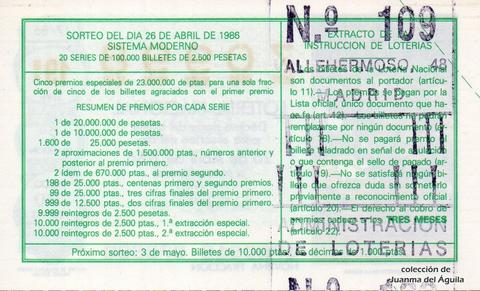 Reverso décimo de Lotería 1986 / 17