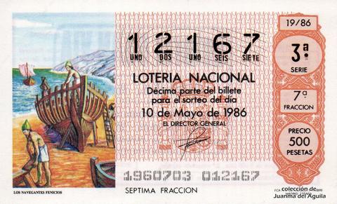 Décimo de Lotería Nacional de 1986 Sorteo 19 - LOS NAVEGANTES FENICIOS