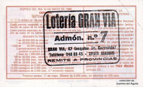Reverso del décimo de Lotería Nacional de 1986 Sorteo 19