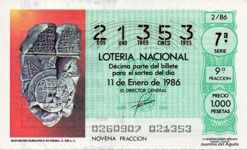 Décimo de Lotería Nacional de 1986 Sorteo 2 - MAPAMUNDI BABILONICO EN PIEDRA. S. XIII a.C.
