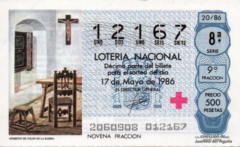 Décimo de Lotería Nacional de 1986 Sorteo 20 - APOSENTO DE COLON EN LA RABIDA