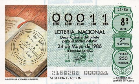 Décimo de Lotería Nacional de 1986 Sorteo 21 - MAPAMUNDI DEL APOCALIPSIS DE SAN BEATO