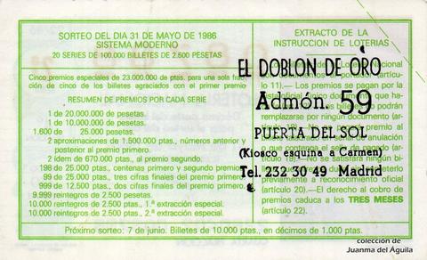 Reverso décimo de Lotería 1986 / 22