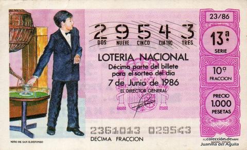 Décimo de Lotería Nacional de 1986 Sorteo 23 - NIÑO DE SAN ILDEFONSO