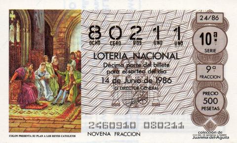 Décimo de Lotería Nacional de 1986 Sorteo 24 - COLON PRESENTA SU PLAN A LOS REYES CATOLICOS