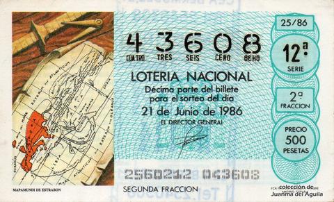Décimo de Lotería Nacional de 1986 Sorteo 25 - MAPAMUNDI DE ESTRABON