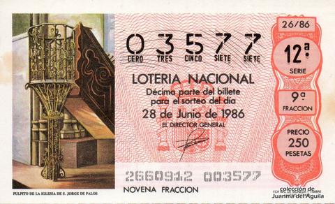 Décimo de Lotería Nacional de 1986 Sorteo 26 - PULPITO DE LA IGLESIA DE S.JORGE DE PALOS