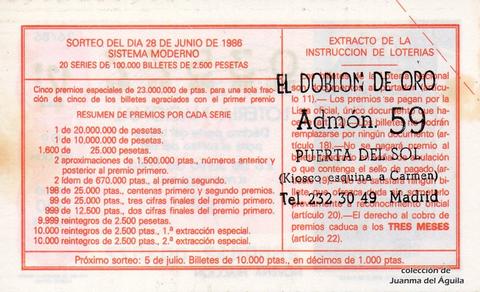 Reverso décimo de Lotería 1986 / 26