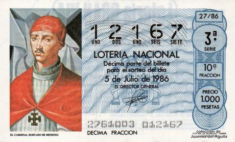 Décimo de Lotería Nacional de 1986 Sorteo 27 - EL CARDENAL HURTADO DE MENDOZA