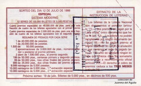 Reverso del décimo de Lotería Nacional de 1986 Sorteo 28