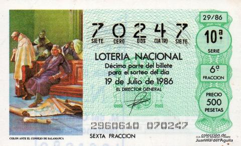 Décimo de Lotería Nacional de 1986 Sorteo 29 - COLON ANTE EL CONSEJO DE SALAMANCA