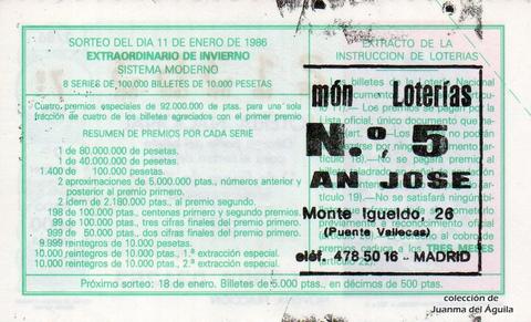 Reverso del décimo de Lotería Nacional de 1986 Sorteo 2