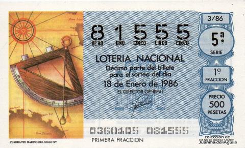 Décimo de Lotería Nacional de 1986 Sorteo 3 - CUADRANTE MARINO DEL SIGLO XV