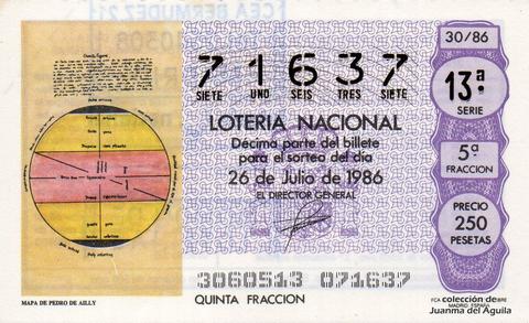 Décimo de Lotería Nacional de 1986 Sorteo 30 - MAPA DE PEDRO DE AILLY