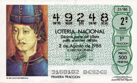 Décimo de Lotería Nacional de 1986 Sorteo 31 - EL REY JUAN II DE PORTUGAL
