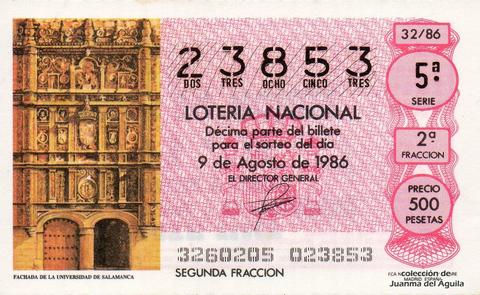 Décimo de Lotería Nacional de 1986 Sorteo 32 - FACHADA DE LA UNIVERSIDAD DE SALAMANCA