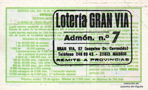 Reverso del décimo de Lotería Nacional de 1986 Sorteo 33