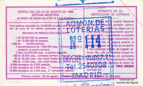 Reverso del décimo de Lotería Nacional de 1986 Sorteo 34