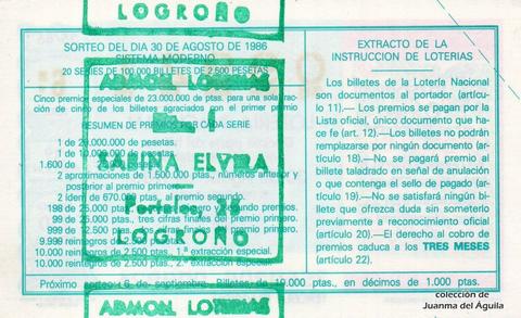 Reverso décimo de Lotería 1986 / 35