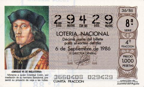 Décimo de Lotería Nacional de 1986 Sorteo 36 - «ENRIQUE VII DE INGLATERRA»