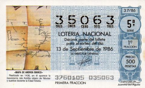 Décimo de Lotería Nacional de 1986 Sorteo 37 - «MAPA DE ANDREA BIANCO»