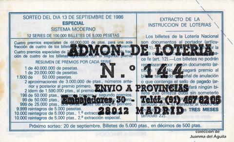 Reverso del décimo de Lotería Nacional de 1986 Sorteo 37