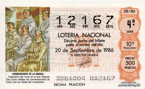 Décimo de Lotería Nacional de 1986 Sorteo 38 - «FRANCISCANOS DE LA RABIDA»