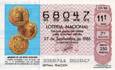 Décimo de Lotería Nacional de 1986 Sorteo 39 - «MONEDAS DE LOS REYES CATOLICOS»