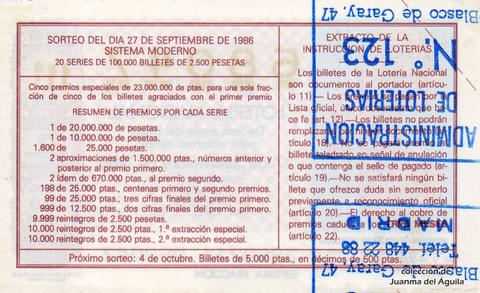 Reverso del décimo de Lotería Nacional de 1986 Sorteo 39