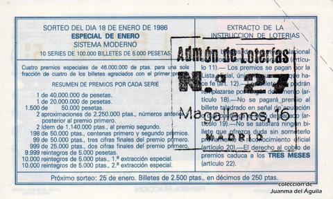 Reverso del décimo de Lotería Nacional de 1986 Sorteo 3