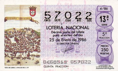 Décimo de Lotería Nacional de 1986 Sorteo 4 - VISTA DE LISBOA A FINALES DEL S. XV