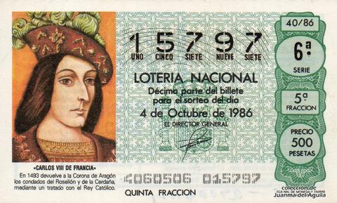 Décimo de Lotería Nacional de 1986 Sorteo 40 - «CARLOS VIII DE FRANCIA»