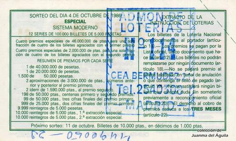 Reverso del décimo de Lotería Nacional de 1986 Sorteo 40