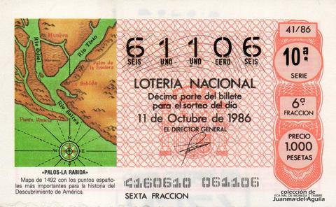 Décimo de Lotería Nacional de 1986 Sorteo 41 - «PALOS - LA RABIDA»