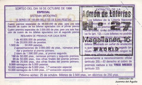 Reverso del décimo de Lotería Nacional de 1986 Sorteo 42