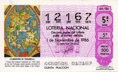 Décimo de Lotería Nacional de 1986 Sorteo 44 - «PLANISFERIO DE TOSCANELLI»