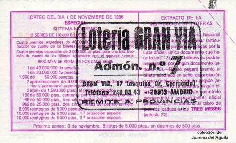 Reverso décimo de Lotería 1986 / 44