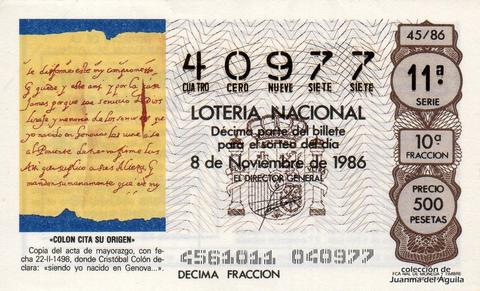 Décimo de Lotería Nacional de 1986 Sorteo 45 - «COLON CITA SU ORIGEN»