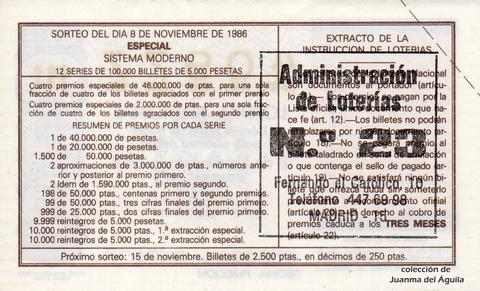 Reverso décimo de Lotería 1986 / 45
