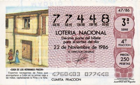 Décimo de Lotería 1986 / 47