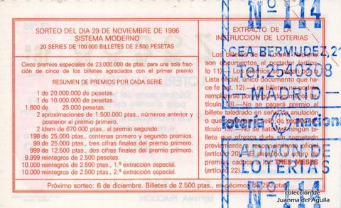 Reverso del décimo de Lotería Nacional de 1986 Sorteo 48