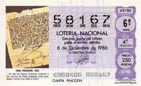 Décimo de Lotería Nacional de 1986 Sorteo 49 - «REAL PROVISION. 1492»