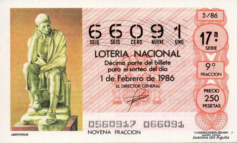 Décimo de Lotería Nacional de 1986 Sorteo 5 - ARISTOTELES