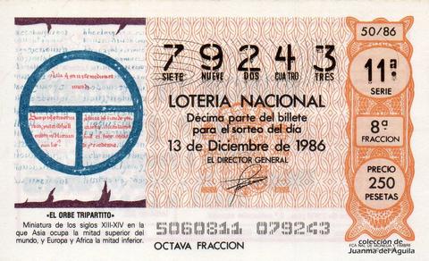 Décimo de Lotería Nacional de 1986 Sorteo 50 - «EL ORBE TRIPARTITO»