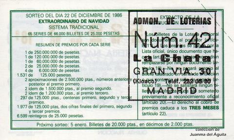 Reverso del décimo de Lotería Nacional de 1986 Sorteo 51