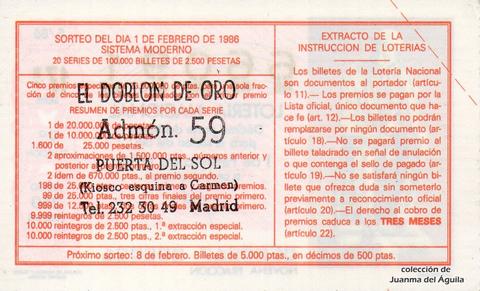 Reverso del décimo de Lotería Nacional de 1986 Sorteo 5